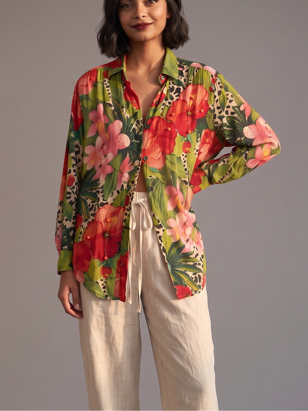 Vintage ERA Cotton Bold Floral Leopard Mixed Print Button-Up Shirt maximalist